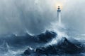 Concept Seafaring Adventures, Maritime Mysteries, Historic Lighthouse Beacon in Tempestuous Seas