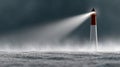 Lighthouse beaming light through fog over the ocean. Royalty Free Stock Photo
