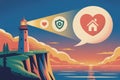 Lighthouse beaming love, security, and home icons at sunset on a tranquil coastline Royalty Free Stock Photo