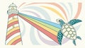 Lighthouse Beaming Rainbow Light to Sea Turtle, vector design Generative AI Royalty Free Stock Photo
