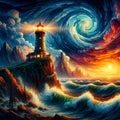 A lighthouse behind a seashore, with hokusai waves, huricane winds, stormy night, twilight sky, painting art of Van Gogh style