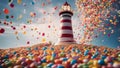 lighthouse is being hit by a large wave of candy that is spilling over it