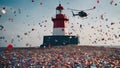 lighthouse is being hit by a large wave of confetti that is falling from a helicopter