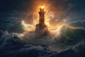 Lighthouse in a Big Waves Stormy Sea or Ocean and Dark Clouds Sky. Generative AI Royalty Free Stock Photo