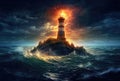 Lighthouse in a Big Waves Stormy Sea or Ocean and Dark Clouds Sky. Generative AI Royalty Free Stock Photo