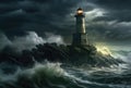 Lighthouse in a Big Waves Stormy Sea or Ocean and Dark Clouds Sky. Generative AI Royalty Free Stock Photo