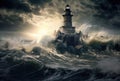 Lighthouse in a Big Waves Stormy Sea or Ocean and Dark Clouds Sky. Generative AI Royalty Free Stock Photo