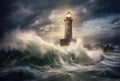 Lighthouse in a Big Waves Stormy Sea or Ocean and Dark Clouds Sky. Generative AI Royalty Free Stock Photo