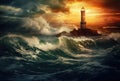 Lighthouse in a Big Waves Stormy Sea or Ocean and Dark Clouds Sky. Generative AI Royalty Free Stock Photo