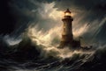 Lighthouse in a Big Waves Stormy Sea or Ocean and Dark Clouds Sky. Generative AI Royalty Free Stock Photo