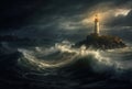 Lighthouse in a Big Waves Stormy Sea or Ocean and Dark Clouds Sky. Generative AI Royalty Free Stock Photo