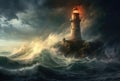 Lighthouse in a Big Waves Stormy Sea or Ocean and Dark Clouds Sky. Generative AI Royalty Free Stock Photo