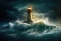 Lighthouse in a Big Waves Stormy Sea or Ocean and Dark Clouds Sky. Generative AI Royalty Free Stock Photo