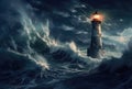 Lighthouse in a Big Waves Stormy Sea or Ocean and Dark Clouds Sky. Generative AI Royalty Free Stock Photo