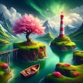 The lighthouse and blossoms tree, in a lush green landscape, lake, boat, wooden bridge, fantasy, fairytale, clouds, sky Royalty Free Stock Photo