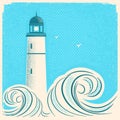 Lighthouse blue poster.Vector seascape image on old paper Royalty Free Stock Photo
