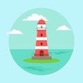 Lighthouse blue seascape horizon in daytime. Beacon surrounded by sea water vector illustration Royalty Free Stock Photo