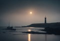 Lighthouse and Boat Under Full Moon Royalty Free Stock Photo