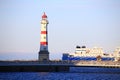 Lighthouse, bridge and ferry at harbor of Malmo in Sweden Royalty Free Stock Photo