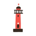 Lighthouse building in doodle style. Sea coast architecture. Marine nautical coastal tower. High light house. Colored