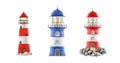 Lighthouse building watercolor illustration set. Hand drawn striped sea coast vintage style beacons. Beacon coast