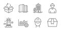 Lighthouse, Buildings and Skyscraper buildings icons set. Engineer, Foreman and Return package signs. Vector