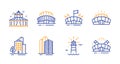 Lighthouse, Buildings and Sports stadium icons set. Arena, Arena stadium and Circus signs. Vector