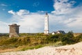 Lighthouse and bunker in the sand dunes on the beach of Blavand, Jutland Denmark Europe