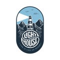 Lighthouse circle lettering oval blue Vector illustration. Royalty Free Stock Photo