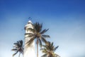 Lighthouse with clear blue sky and palm trees in Sri Lanka tourism port city Galle with colonial architecture Royalty Free Stock Photo