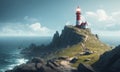 Lighthouse on a cliff with clouds in the background.