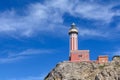 Lighthouse on a cliff in day time. Horizontal image with red and Royalty Free Stock Photo