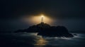 Lighthouse on a cliff edge in stormy and misty weather. Night landscape. Generative AI Royalty Free Stock Photo