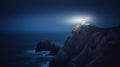 Lighthouse on a cliff edge in stormy and misty weather. Night landscape. Generative AI Royalty Free Stock Photo