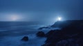 Lighthouse on a cliff edge in stormy and misty weather. Night landscape. Generative AI Royalty Free Stock Photo