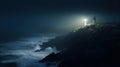 Lighthouse on a cliff edge in stormy and misty weather. Night landscape. Generative AI Royalty Free Stock Photo