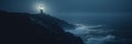 Lighthouse on a cliff edge in stormy and misty weather. Night landscape. Generative AI Royalty Free Stock Photo