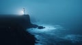 Lighthouse on a cliff edge in stormy and misty weather. Night landscape. Generative AI Royalty Free Stock Photo