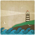 Lighthouse on cliff by sea old background