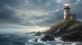 Lighthouse on a cliff in the sea at sunset, 3d render Royalty Free Stock Photo