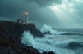 Lighthouse on cliff side overlooking stormy sea with huge waves crashing on rocks below. Dramatic cloudy sky with light breaking Royalty Free Stock Photo