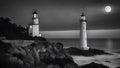lighthouse on the coast black and white photo of Romantic lighthouse near Atlantic seaboard shining at night Royalty Free Stock Photo
