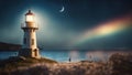 lighthouse on the coast A fantasy lighthouse in a starry night, with a comet, rainbow, a moon, and a fairy.