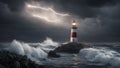 lighthouse on the coast Lighthouse gives guidance through beam of light into darkness and thick stormy cloud lightning Royalty Free Stock Photo