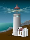 Lighthouse on the coast. Light beacon in the night. Starry Sky. Landmark. Seacoast. Vector. Royalty Free Stock Photo