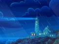 Lighthouse on coast in ocean in night in rainy weather with thunder, with waves, stars and clouds