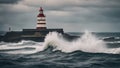 lighthouse on the coast Roker Lighthouse at Sunderland being hit by a large wave