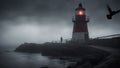 lighthouse on the coast A scary lighthouse in a foggy night, with a crow, and a ghost. Royalty Free Stock Photo