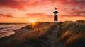 Lighthouse on coast at sunset, seascape scenery with dramatic sky Royalty Free Stock Photo