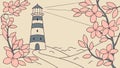 Lighthouse Coastal Path with Blooming Cherry Trees, Spring View, vector design Generative AI Royalty Free Stock Photo